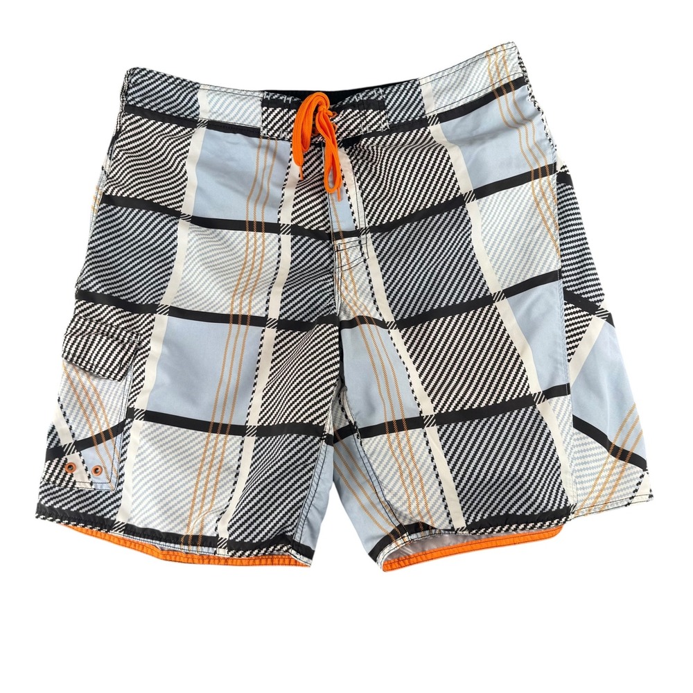 Joe Boxer Mens Blue Black Plaid Board Shorts Swim Trunks Cargo Pocket Size Large
